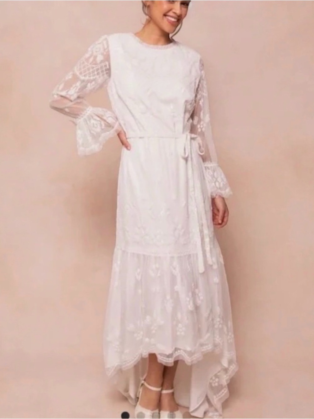 New Ivy City M white Queenie bridal bell sleeve fishtail belted evening dress